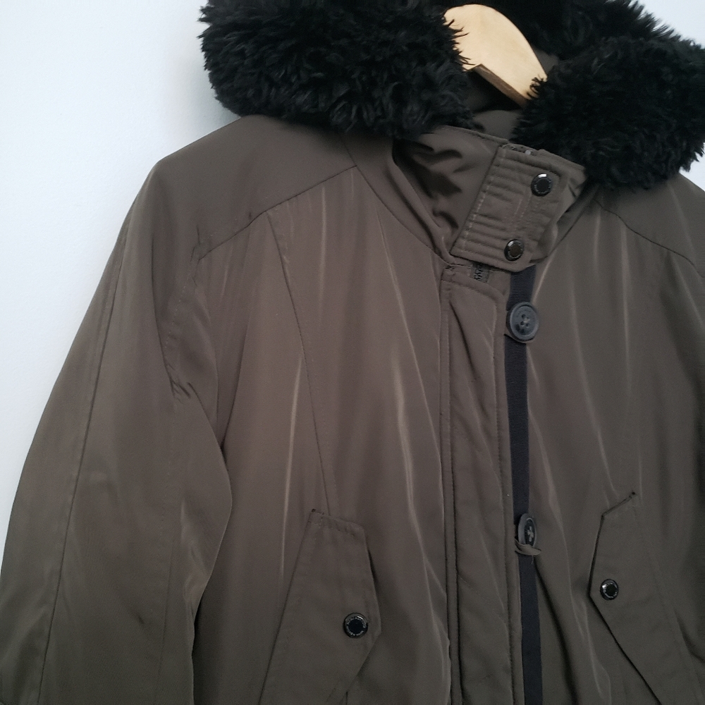 Andrew Marc Green Jacket Black Fur Hood XL